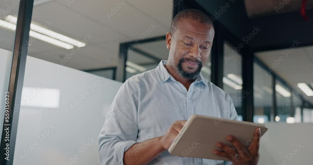 Poster website, planning and black man with a tablet typing communication, digital research and reading an 