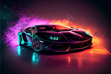 Fototapeta Lamborghini Aventador neon dramatic light and unfocused obraz