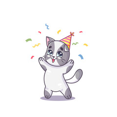 Gray cat character, in a party hat, with confetti, holiday, sticker