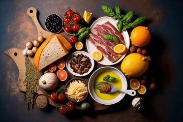 the Mediterranean diet balanced, healthy meal. Organic fruit, vegetable, fish, and meat eating that is either flexitarian or paleo. Generative AI