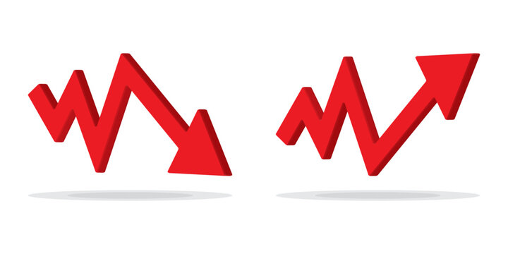 3d Up and Down sign with red arrows vector. Design vector illustration concept of sales bar chart symbol icon with arrow moving down and sales bar chart with arrow moving up.	