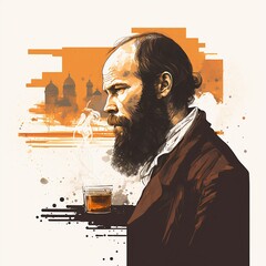 Fyodor Dostoevsky modern artistic portrait in orange and brown shades