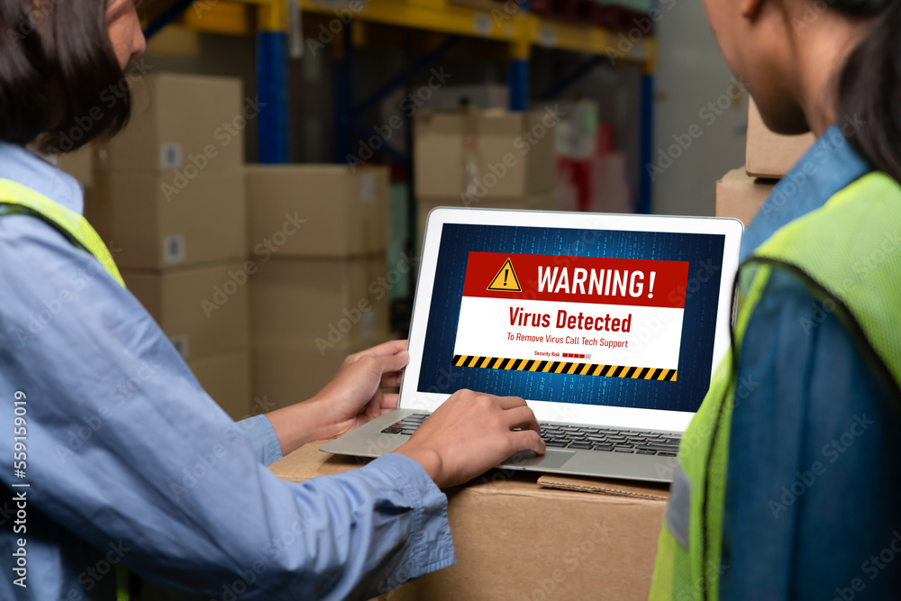 Poster virus warning alert on computer screen detected modish cyber threat , hacker, computer virus and mal