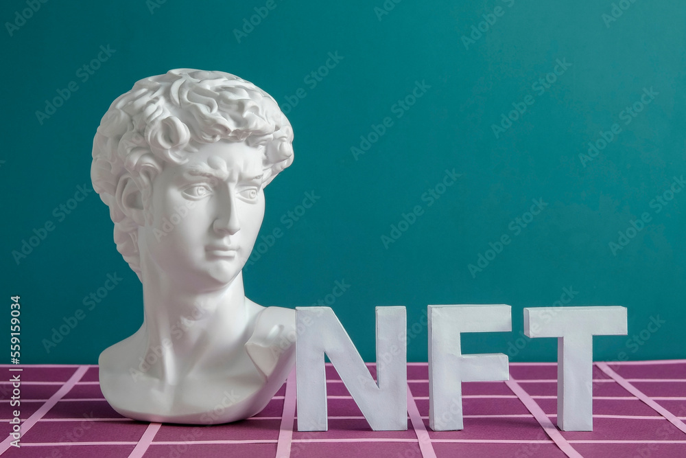 Aufkleber david and nft token in vaporwave style with copy space as a minimal concept of online technology and