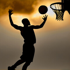 Basketball player silhouette jumping with ball