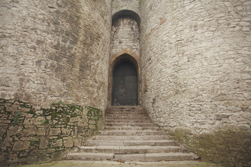 Fototapeta na wymiar Tower walls of King John's Castle in Limerick city (Caisleán Luimnigh), Ireland. Text space. Outdoor shot