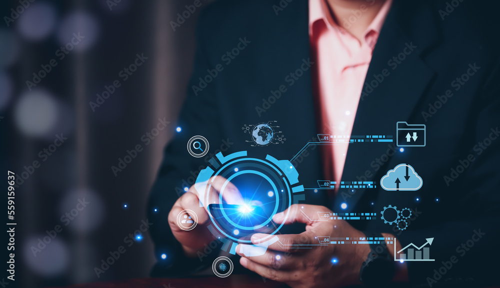 Poster businessman using mobile smart phone. business global internet connection application technology and