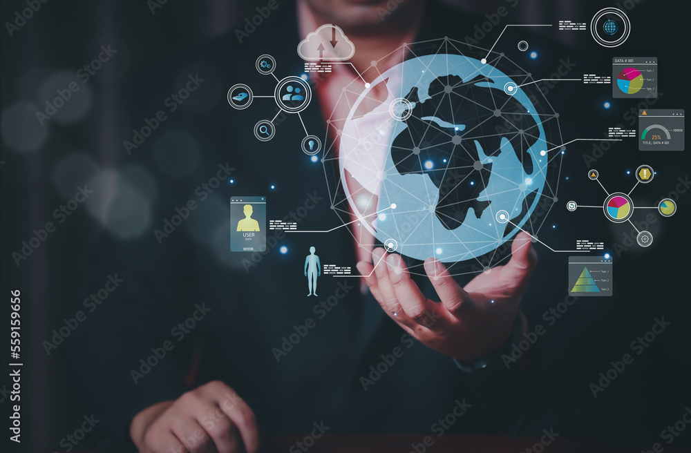 Poster man hand holding virtual global internet connection metaverse. business global internet connection a