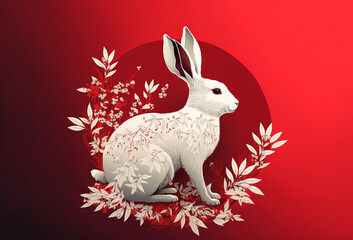 Chinese new year 2023 year of the rabbit traditional red and white illustration style. Generative ai