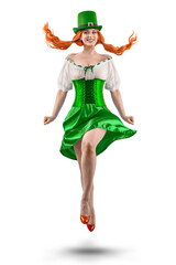 Leprechaun female elf symbol of St. Patrick's Day. Cheerful character Irish girl leprechaun with red natural hair in a green suit, green hat for advertising. Cosplay at the festival on March 17th