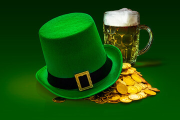 St.Patrick 's Day. Mug with beer or ale, gold coins and green leprechaun hat