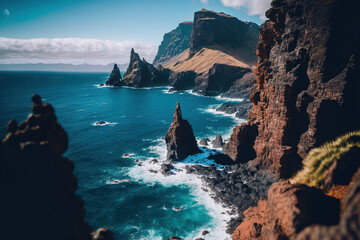 Beautiful rocky cliffs on Portugal's Madeira Island. Generative AI