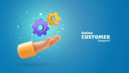 3d cartoon hand holding cog wheels vector illustration. Customer support banner. Technical support engineering concept. Online internet consultation template