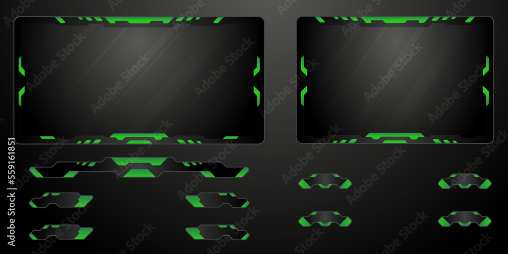 Poster black and green game interface stream overlay webcam screen panels and gui buttons for video broadca