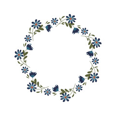 Flower wreath, spring decorative border for photo or for text. Decorative element for Easter postcard or folk wedding invitation. Women's day, mother's day festive natural frame. Floral round frame.