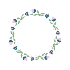 Floral round frame. Decorative element for Easter postcard or folk wedding invitation. Women's day, mother's day festive natural frame. Flower wreath, spring decorative border for photo or for text.