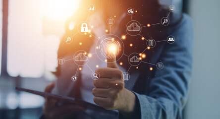 businessmen Fingerprint scanning and biometric authentication, processing of biometric for access personal data. surveillance and security scanning of digital programs cyber futuristic applications
