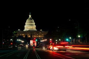 US Capitol building and car light trails at night - Washington DC, United States