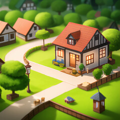 Drawing of a miniature village. Little houses. Simple shapes.