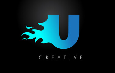 Blue fire  Blue U Letter Flame Logo Design. Fire Logo Lettering Concept.