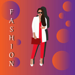 Bright poster on the theme of fashion, flat vector illustration of a beautiful young girl in a pantsuit against a background of neon lights and lanterns
