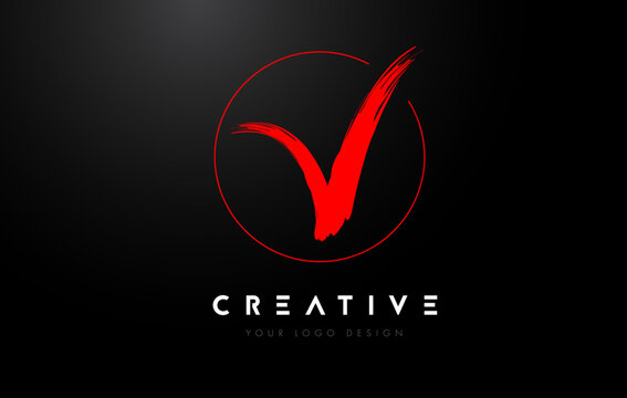 Red V Brush Letter Logo Design. Artistic Handwritten Letters Logo Concept.