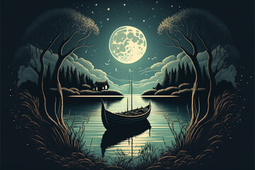 An illustration of a night moon fairy tale sparkling lake with a small boat docked on the shore. Generative Ai illustration in vector style. - 559163642