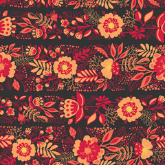 Fototapeta na wymiar Seamless pattern with vintage style flowers on dark background. Retro motifs illustration with ethnic composition for textile print, wrapping paper, scrapbooking.