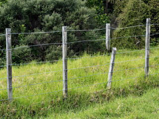 Old wire boundary farm fence with wooden posts