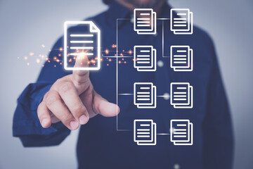 Document Management System. Businessman touching file documents icon virtual screen management document for protection database of the company. DMS, technology, security of documents concept.