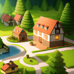 Obraz na płótnie Canvas Drawing of a miniature village. Little houses. Simple shapes.