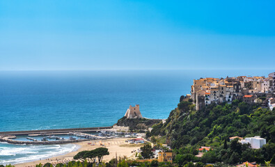 Sperlonga, district of Latina, Lazio, Italy, view of the village with the Saracen tower