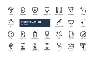 menstruation period woman feminine health of reproduction detailed outline line icon set