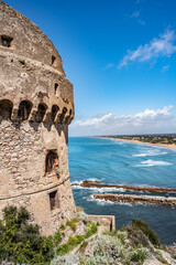 Sabaudia, district of Latina, Lazio, Italy, in the foreground the Paola tower, in the background...