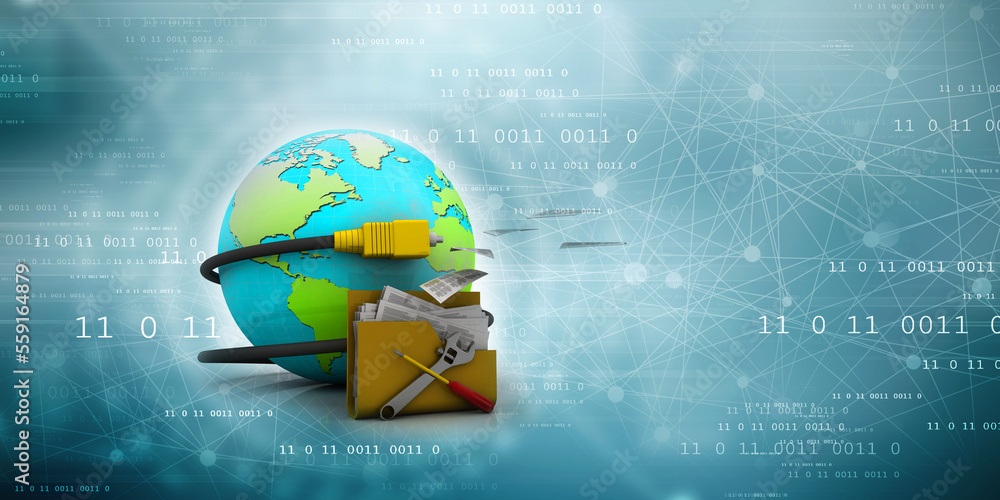 Aufkleber 3d illustration computer folder technical service with aux connected globe