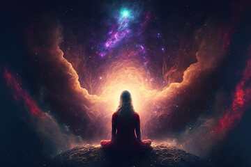 A person is sitting in a yoga pose in the lotus position. Against the background of space.