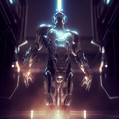 Fototapeta na wymiar Modernized cyborg. Man in a robotic exoskeleton. New weapon. High quality illustration