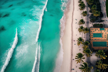 Drone image of Mexico's Cancun's Playa Ballenas. Generative AI