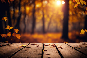 Naklejka na ściany i meble Autumn Table - Orange Leaves And Wooden Plank At Sunset In Defocused Forest, maple leaf (ai generated)