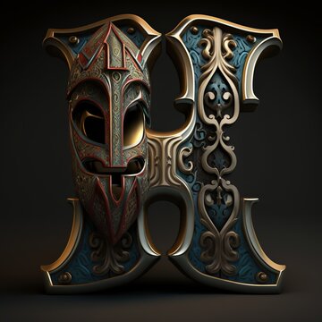 Ornate Letter H with harlequin mask, Generative AI