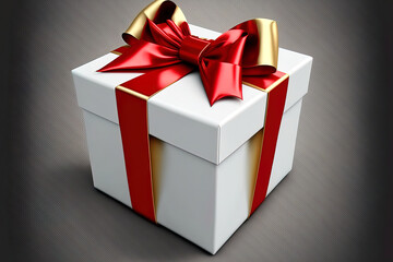 Obraz premium Red bow on a white present box. a realistically wrapped gift. holiday or birthday present in closed luxury package with satin ribbon, isolated on transparent backdrop illustration. Generative AI