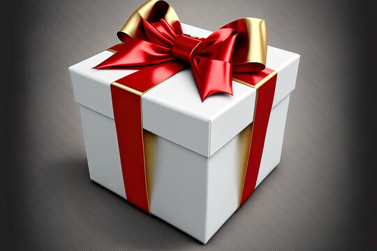Red bow on a white present box. a realistically wrapped gift. holiday or birthday present in closed luxury package with satin ribbon, isolated on transparent backdrop illustration. Generative AI