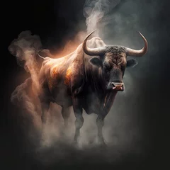 Zelfklevend Fotobehang illustration of a fighting bull, smoky environment, image generated by AI © Jorge Ferreiro