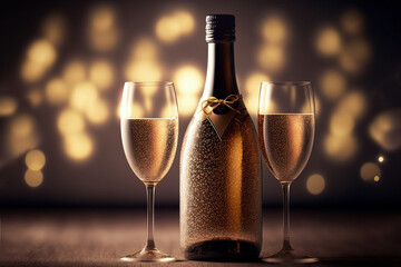 Champagne bottle and glasses, close up. Celebration party, bokeh background. AI generative