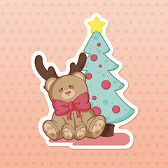 "Teddy Bear sitting around the Christmas Tree"  on coloured background stickers edition