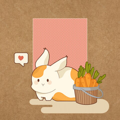 "Cute kawaii little rabbit with his carrot friends" on kraft paper card