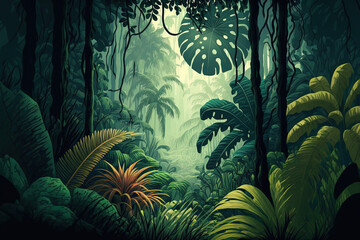 Fototapeta na wymiar Illustration of a tropical leaves wallpaper design in a misty forest. Generative AI