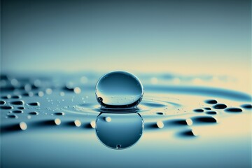 Transparent water drops on a sky background. Waterdrops background for design.