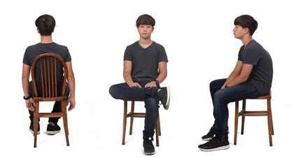 back, front and side view of same teen sitting on chair on white backgroud