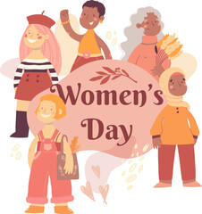 Vector Women's day illustration with different women on abstract background